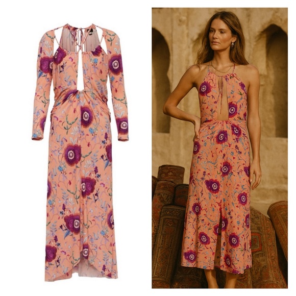 ISABEL MARANT Jadessi Dress Peach Floral FR 40 US 8 Cut Out Midi Halter Boho NWT - Picture 1 of 14